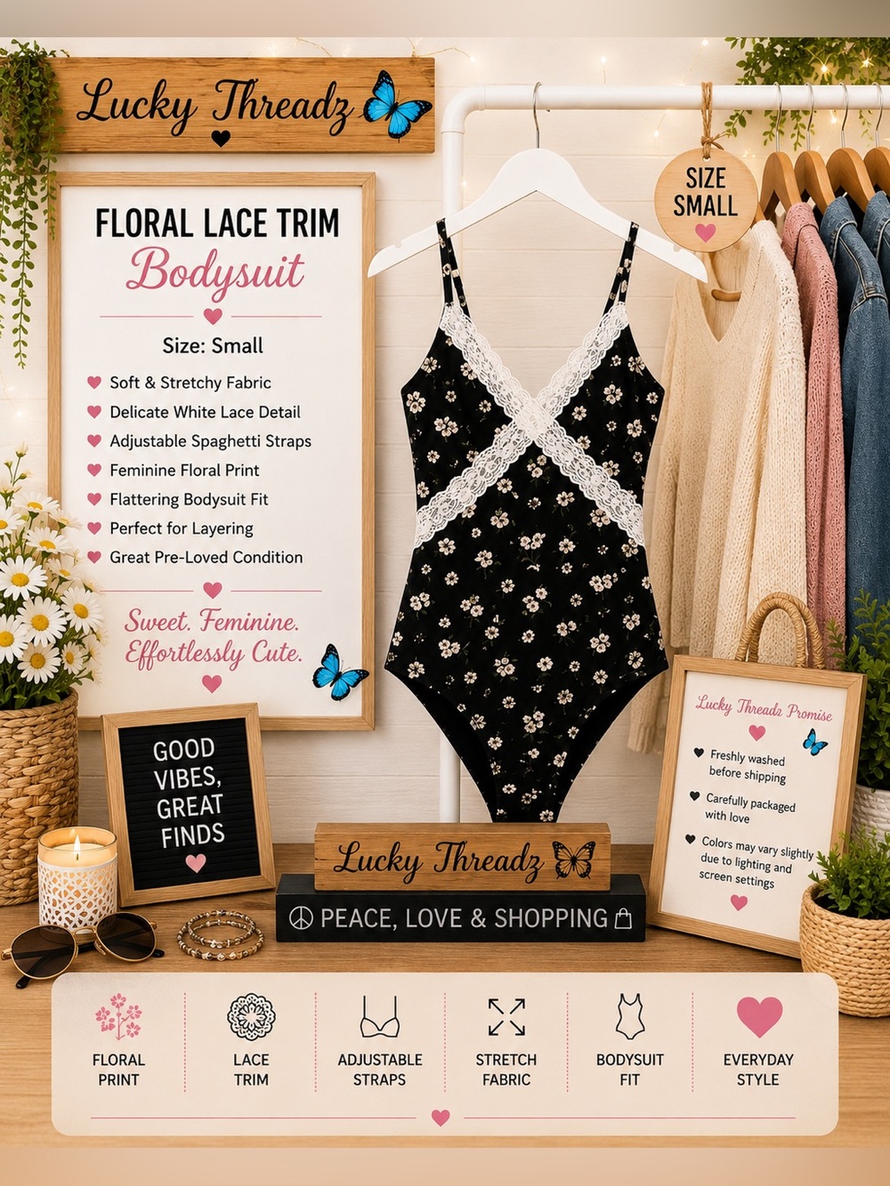 Floral Lace Trim Black Bodysuit with White Lace - Small